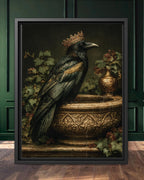 Emerald Raven With Crown on Stone Bird Bath Gothic Wall Art Canvas Print