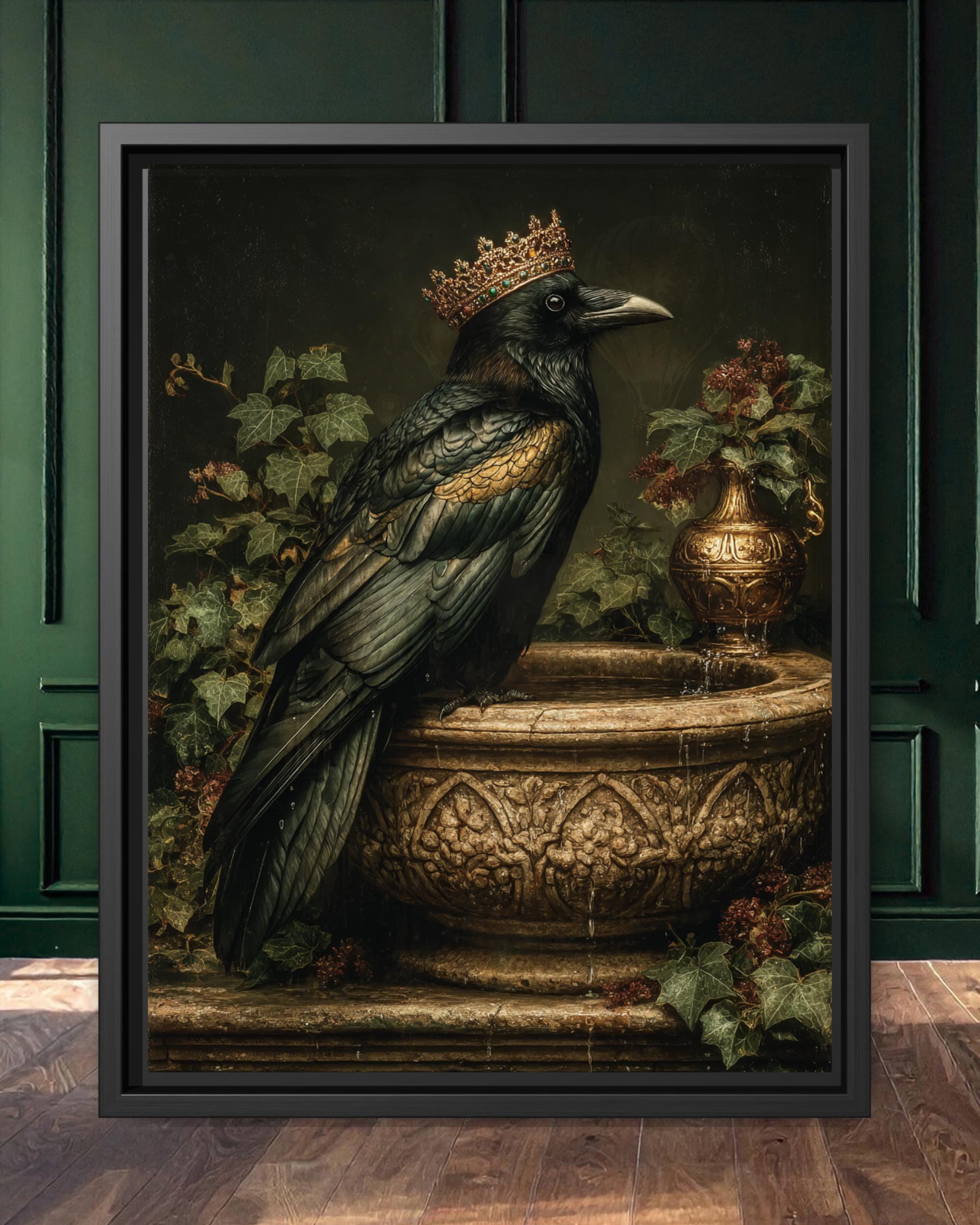 Emerald Raven With Crown on Stone Bird Bath Gothic Wall Art Canvas Print