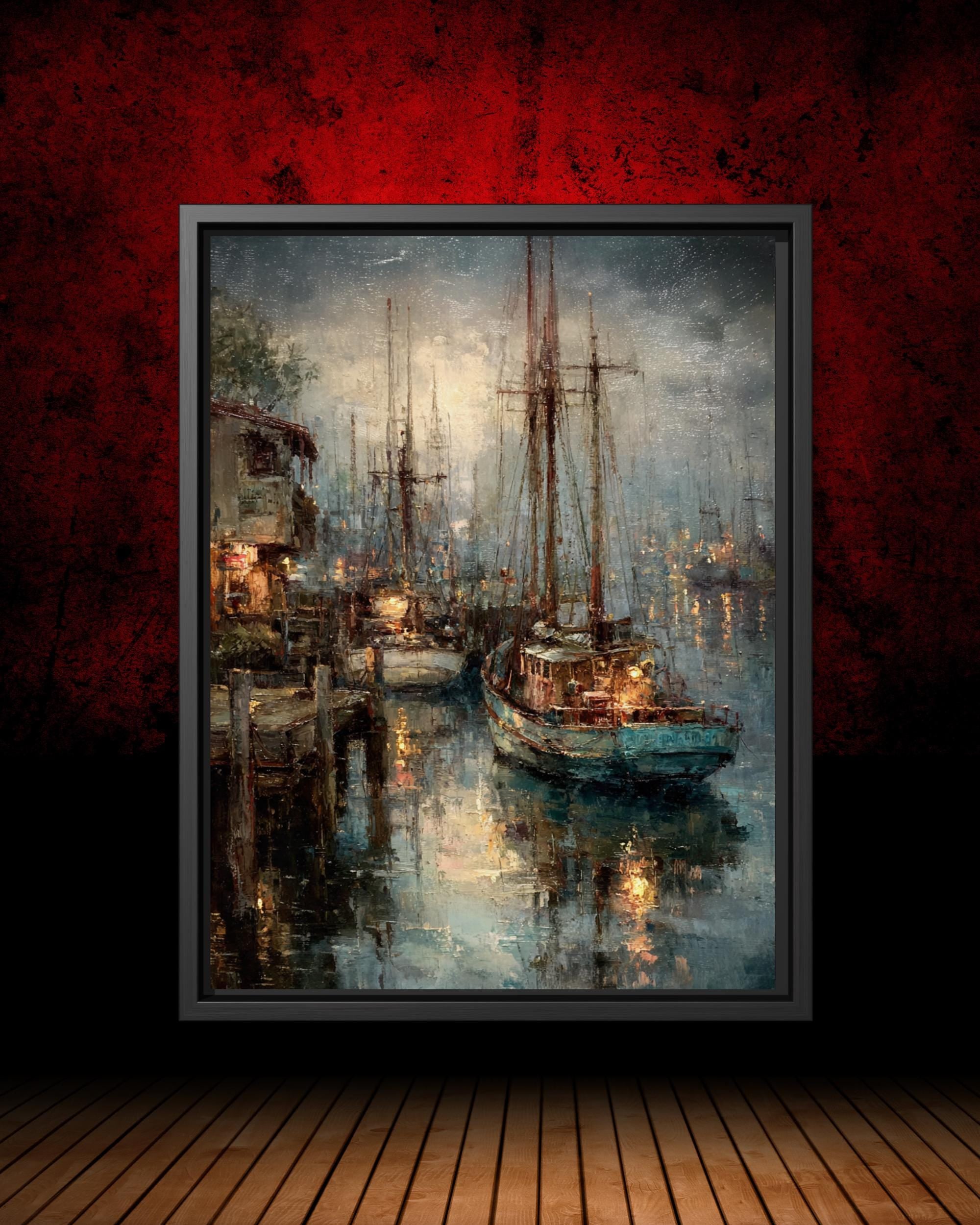 Harbor Oil Painting Print, Coastal Boat Art, Sailing Enthusiast Seascape Wall Art Decor