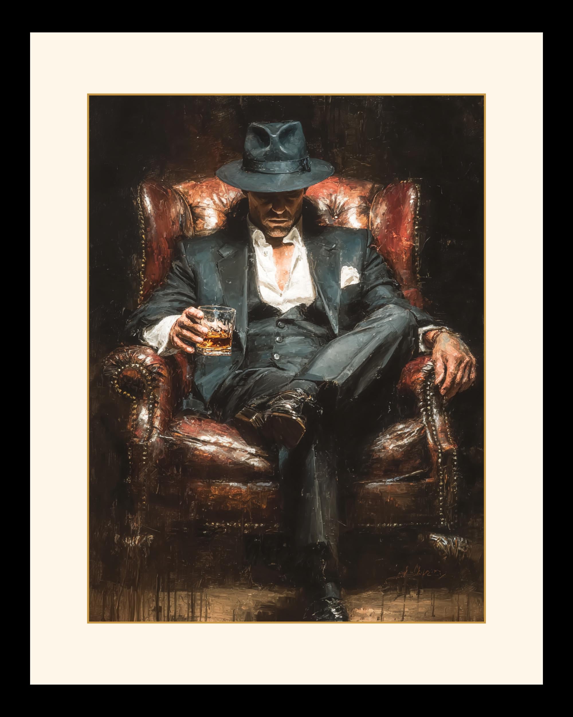 Mafia Boss Wall Art Print, Man in Suit and Fedora with Whiskey Painting