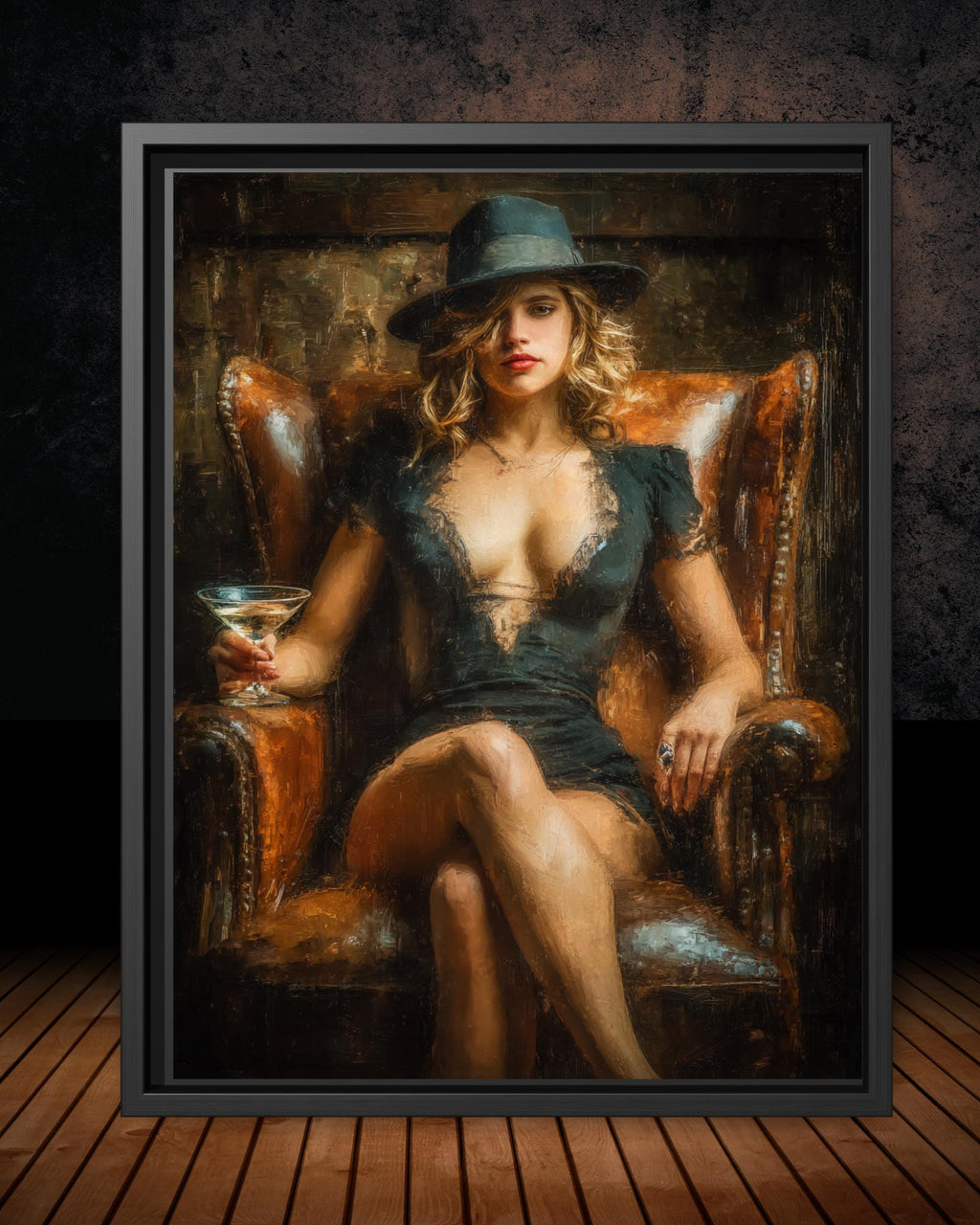 Femme Fatale Wall Art Print, Woman in Black Dress and Fedora Painting