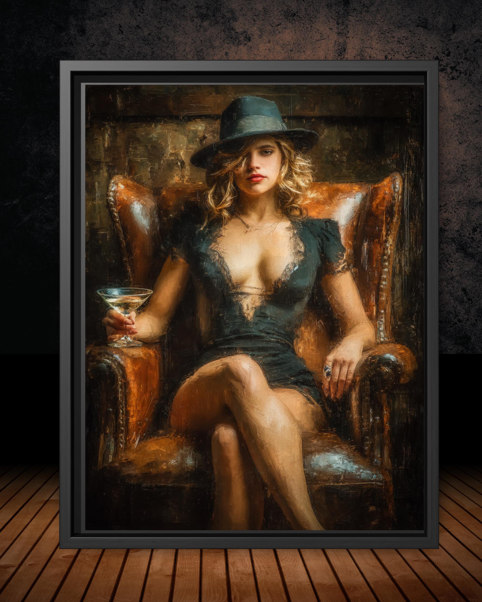 Femme Fatale Wall Art Print, Woman in Black Dress and Fedora Painting