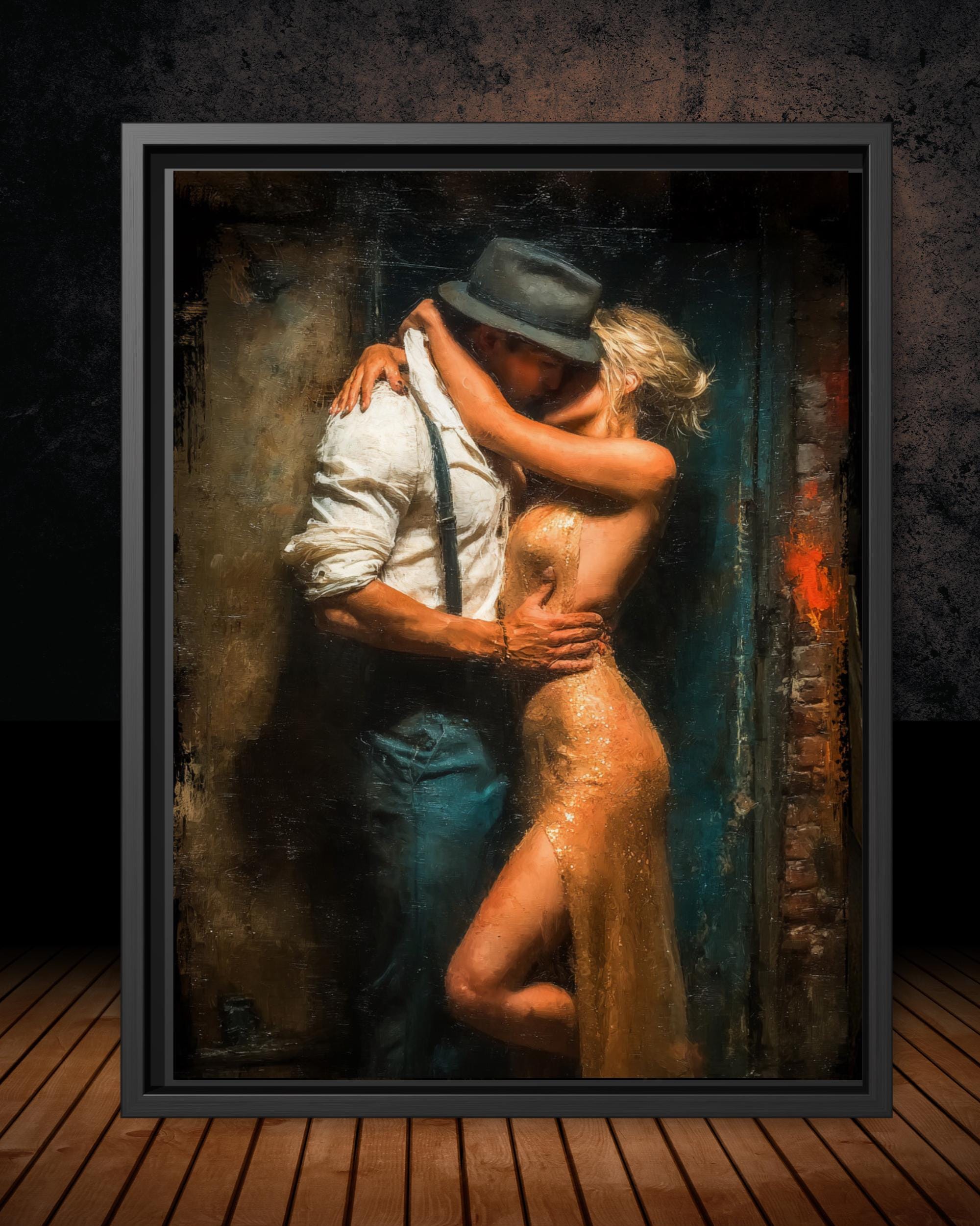 Passionate Lovers Kissing Print, Blonde Woman Gold Dress Vintage Noir Painting, Wall Art Decor Main image