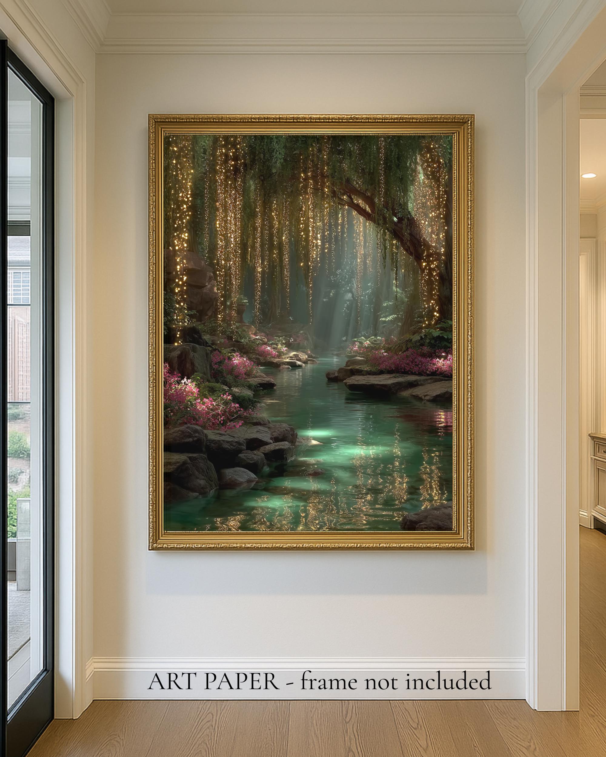 Golden Willow Forest Print, Fairy Light River Wall Art, Enchanted Tree Mystical Green Landscape Secondary image
