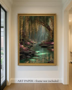 Golden Willow Forest Print, Fairy Light River Wall Art, Enchanted Tree Mystical Green Landscape