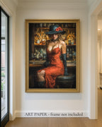 Woman in Red Dress at Bar Art Print, Glamorous Romantic Moody Room Wall Decor