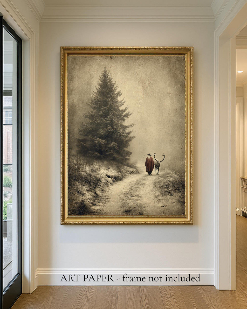 Father Christmas with Reindeer Wall Art Print, Vintage Winter Forest Scene Painting