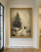 Father Christmas with Reindeer Wall Art Print, Vintage Winter Forest Scene Painting