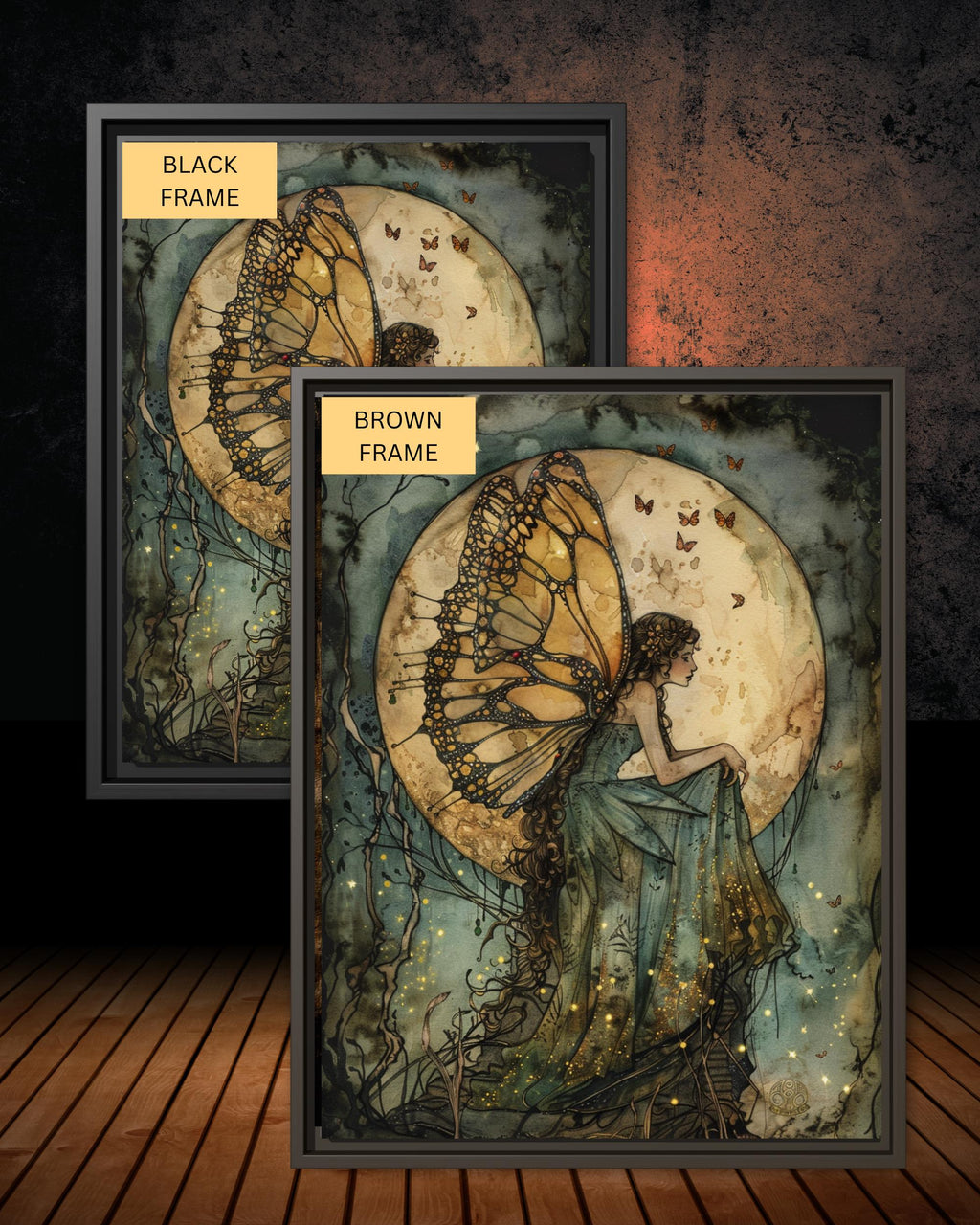 Green Dress Fairy Wall Art Moonlit Fantasy Print Gold Butterflies Dark Academia Fae Decor