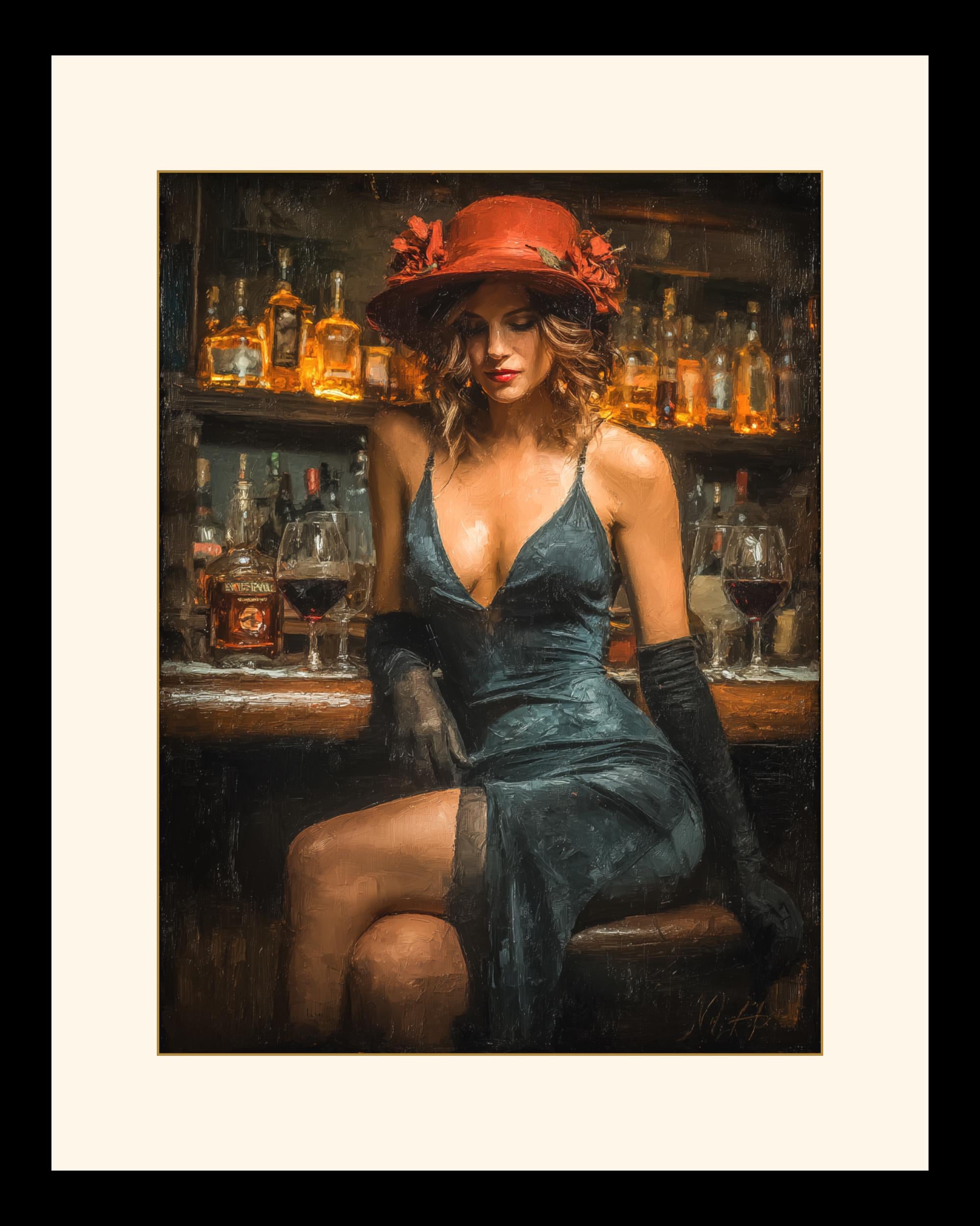 Woman in Bar Print, Black Dress and Red Hat Wall Art, Vintage Glamour Painting