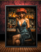 Woman in Bar Print, Black Dress and Red Hat Wall Art, Vintage Glamour Painting