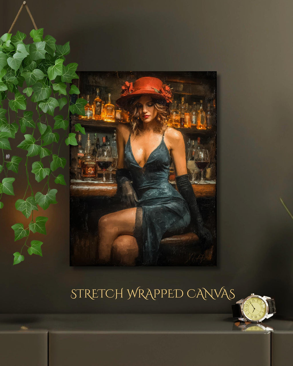 Woman in Bar Print, Black Dress and Red Hat Wall Art, Vintage Glamour Painting