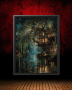 Enchanted Treehouse Art Print: Mystical Willow River, Fantasy Decor