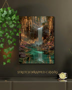 Enchanted Waterfall Forest Wall Art Print, Magical Fairy Light Woodland Painting Teal Green Decor