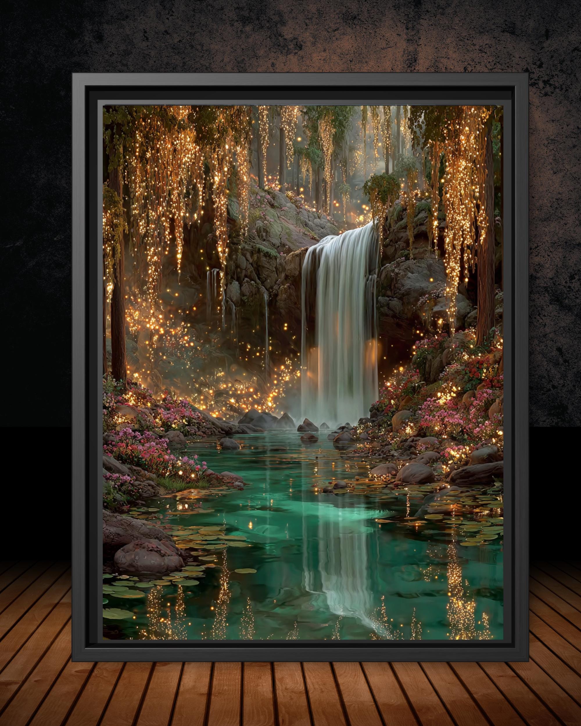 Enchanted Waterfall Forest Wall Art Print, Magical Fairy Light Woodland Painting Teal Green Decor Main image