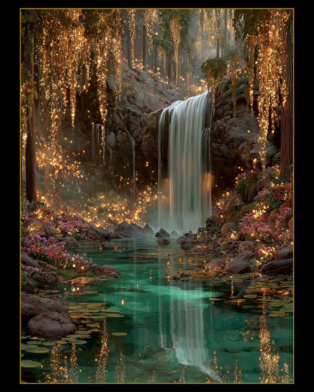Enchanted Waterfall Forest Wall Art Print, Magical Fairy Light Woodland Painting Teal Green Decor