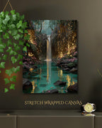 Firefly Waterfall Forest Wall Art Print, Magical Fairy Light Woodland Painting Water Reflections Decor