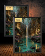 Firefly Waterfall Forest Wall Art Print, Magical Fairy Light Woodland Painting Water Reflections Decor