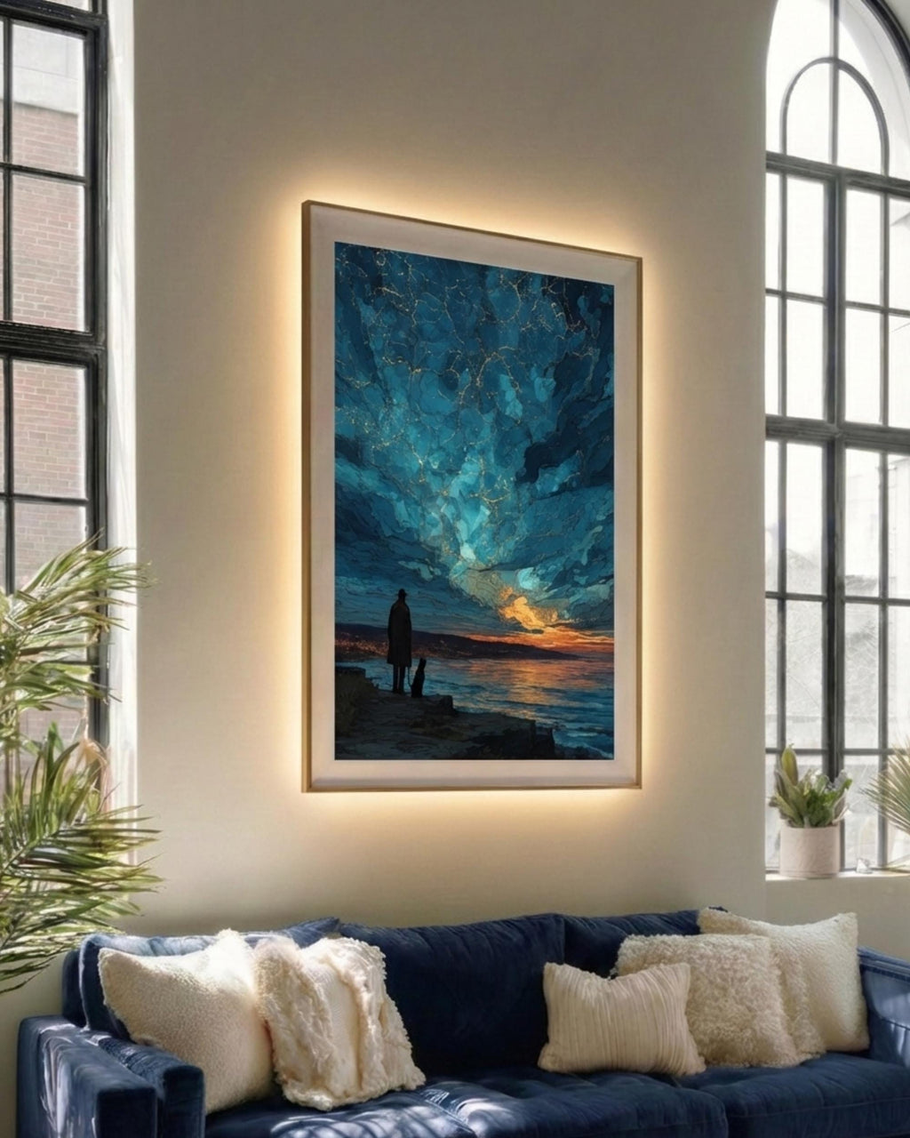 Man and Dog Silhouette Art Print, Starry Ocean Sunset Sky Celestial Painting