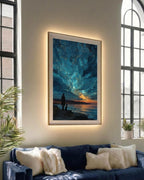 Man and Dog Silhouette Art Print, Starry Ocean Sunset Sky Celestial Painting