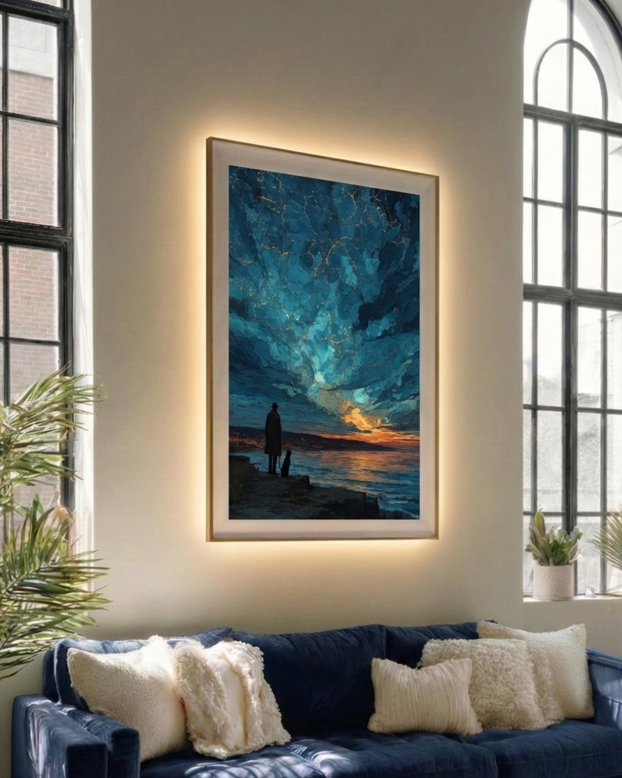 Man and Dog Silhouette Art Print, Starry Ocean Sunset Sky Celestial Painting