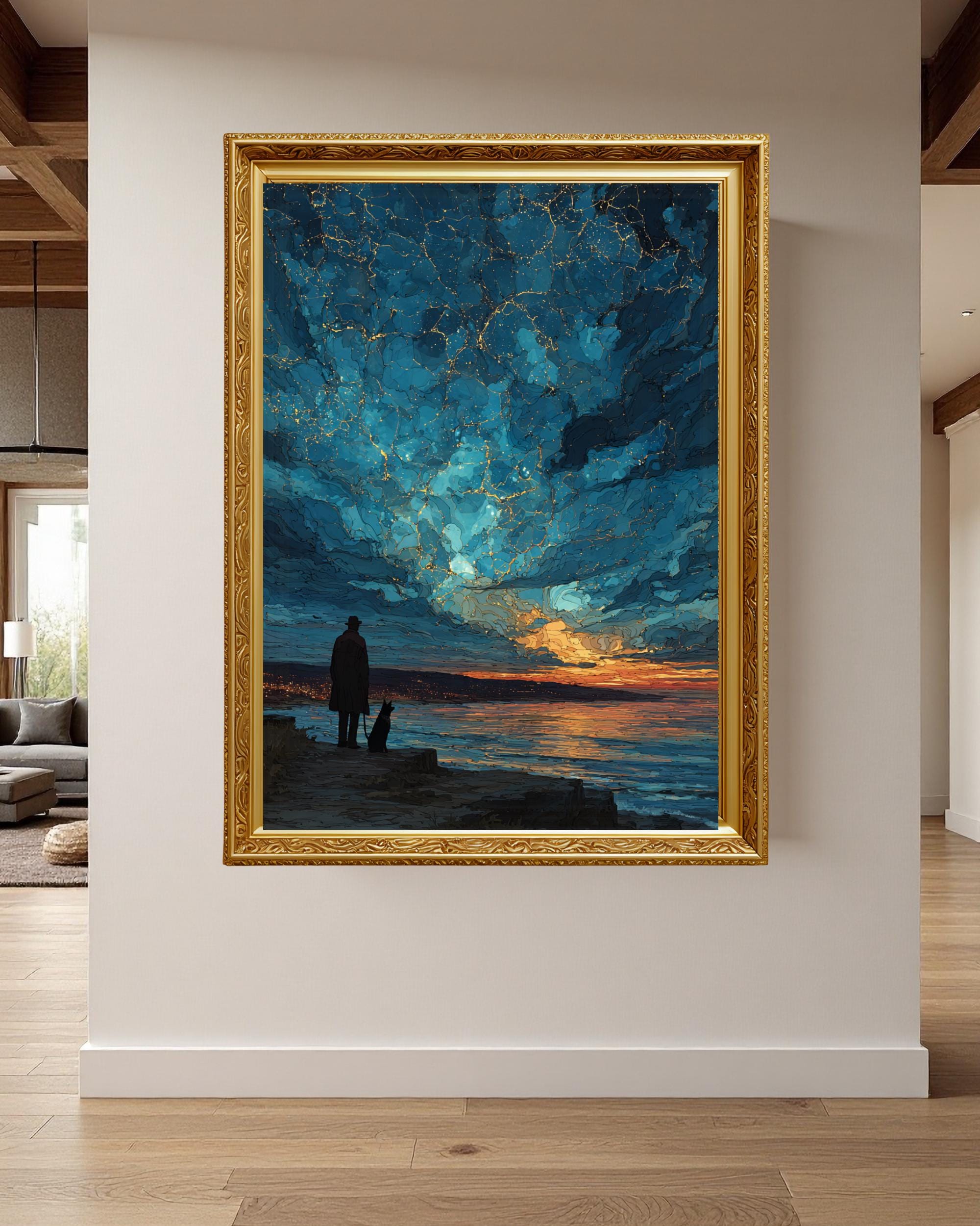 Man and Dog Silhouette Art Print, Starry Ocean Sunset Sky Celestial Painting