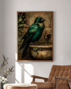 Emerald Raven on Stone Fountain Gothic Wall Art Canvas Print