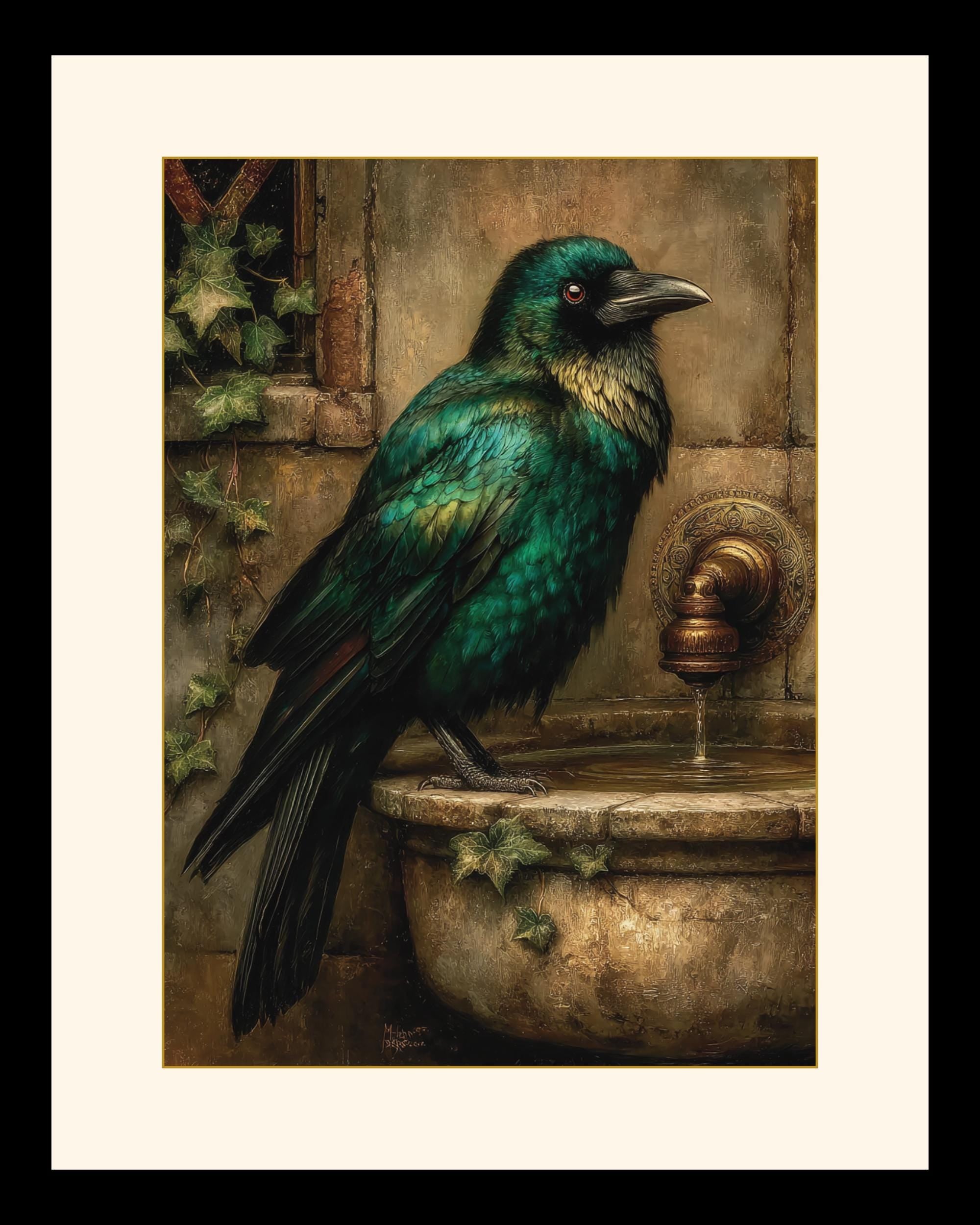 Emerald Raven on Stone Fountain Gothic Wall Art Canvas Print