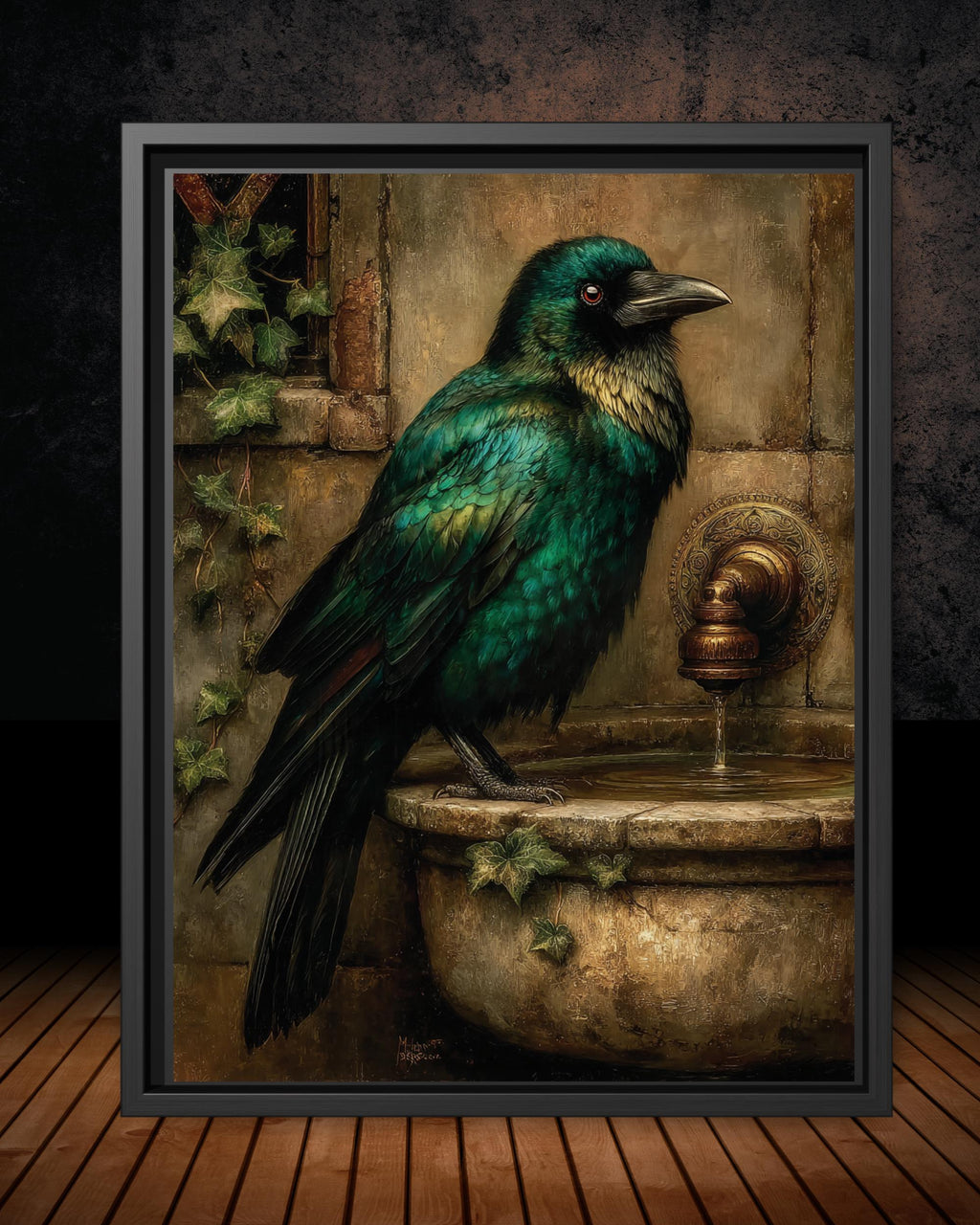 Emerald Raven on Stone Fountain Gothic Wall Art Canvas Print
