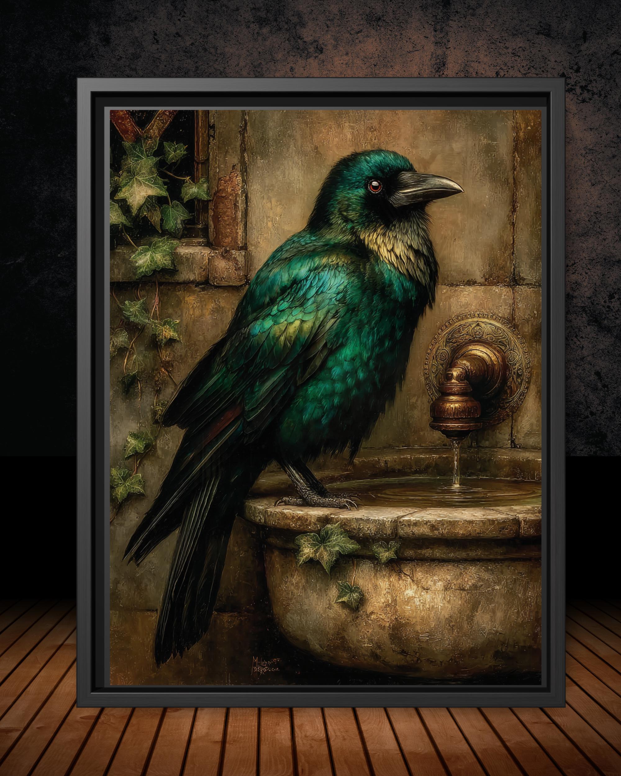 Emerald Raven on Stone Fountain Gothic Wall Art Canvas Print
