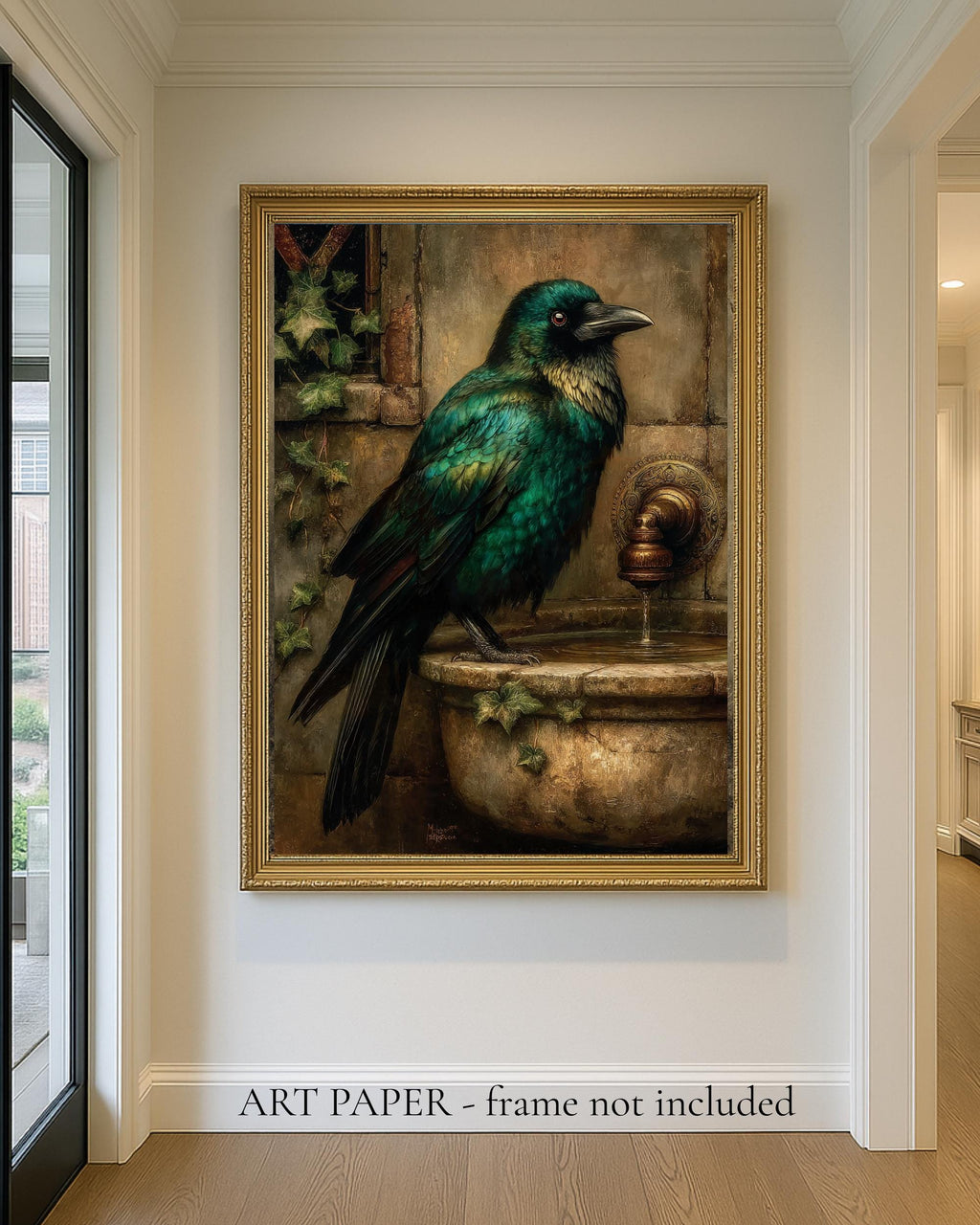 Emerald Raven on Stone Fountain Gothic Wall Art Canvas Print
