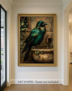 Emerald Raven on Stone Fountain Gothic Wall Art Canvas Print