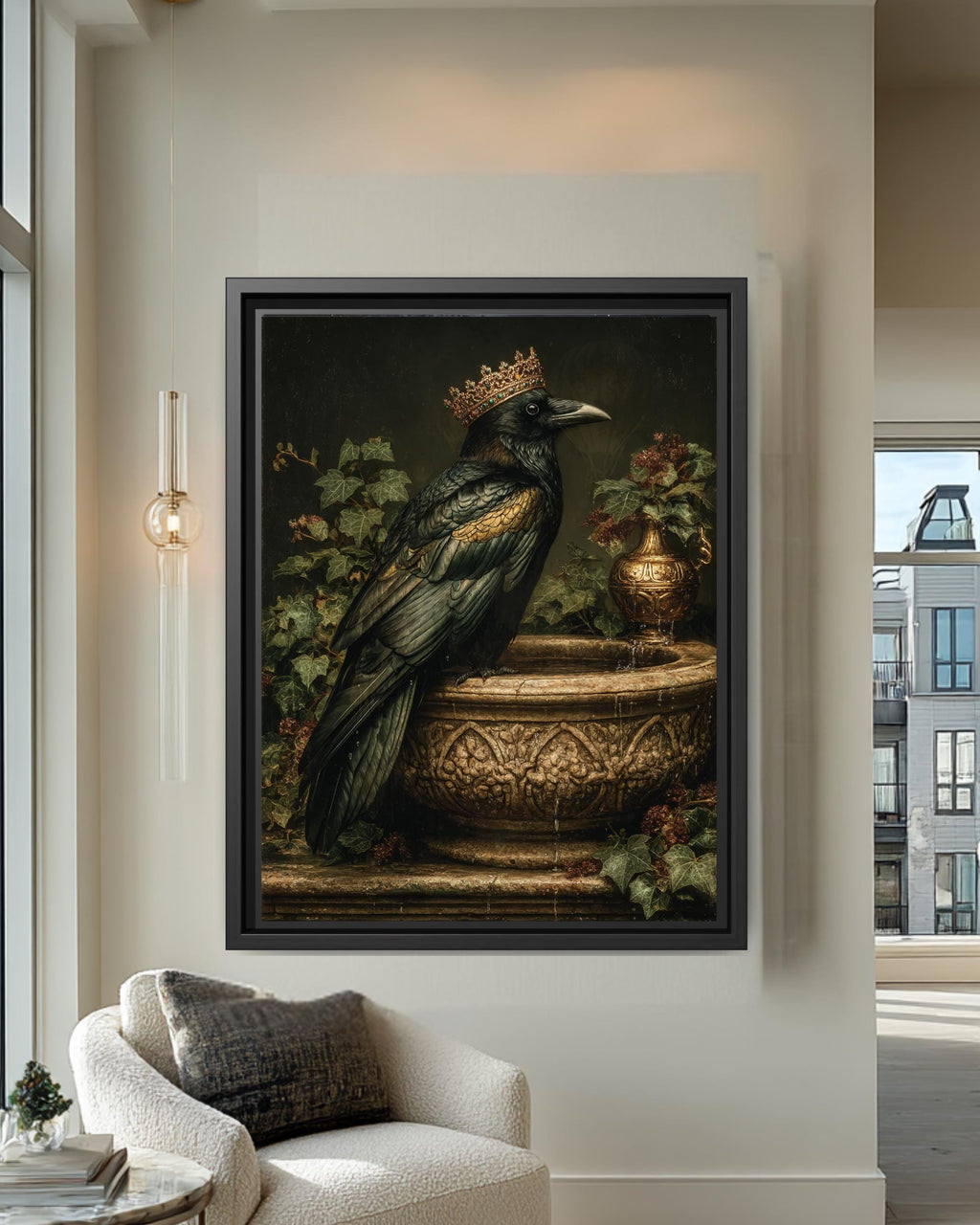 Emerald Raven With Crown on Stone Bird Bath Gothic Wall Art Canvas Print