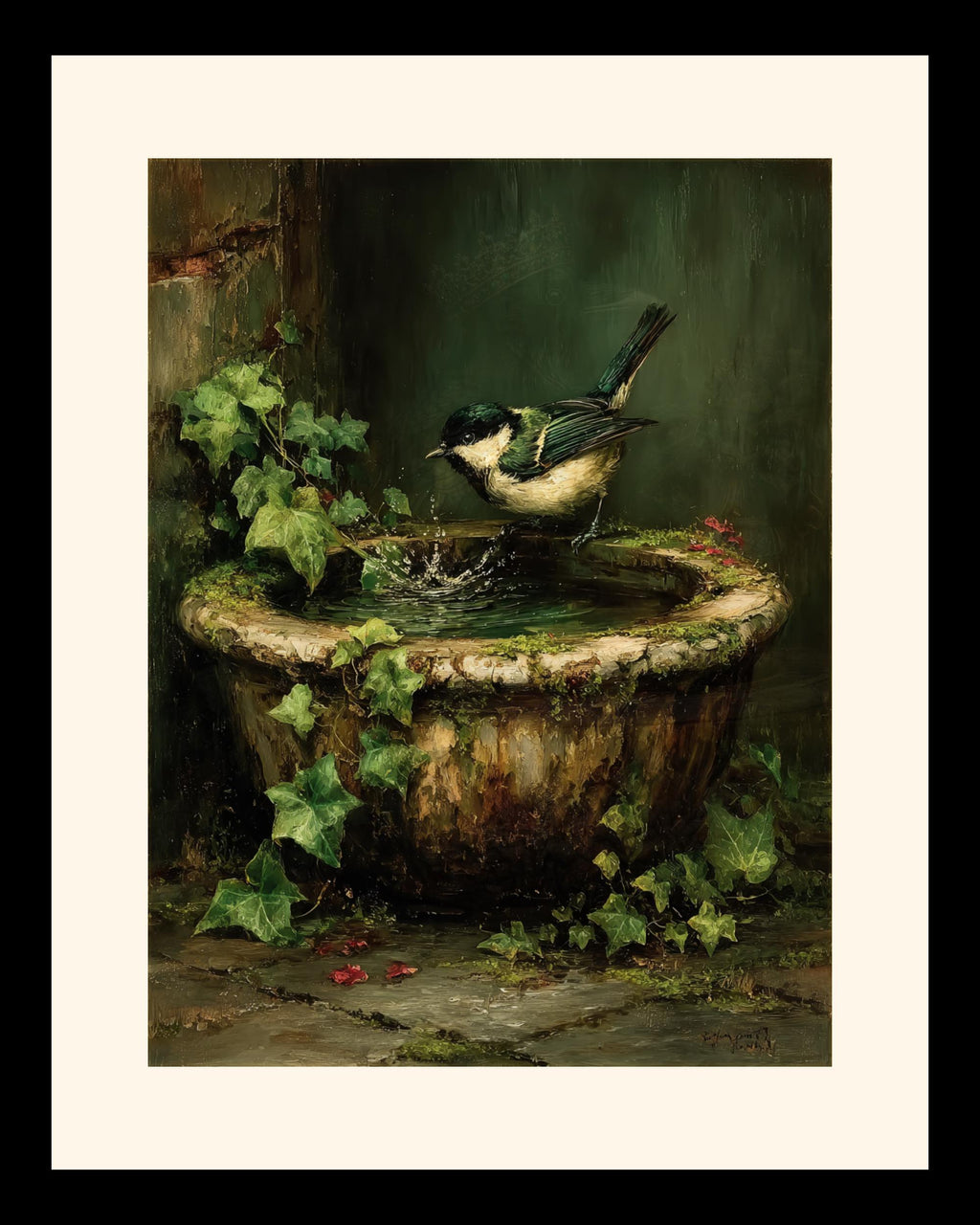 Garden Bird in Vintage Stone Bird Bath Print Oil Painted Style Wall Art