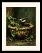Garden Bird in Vintage Stone Bird Bath Print Oil Painted Style Wall Art
