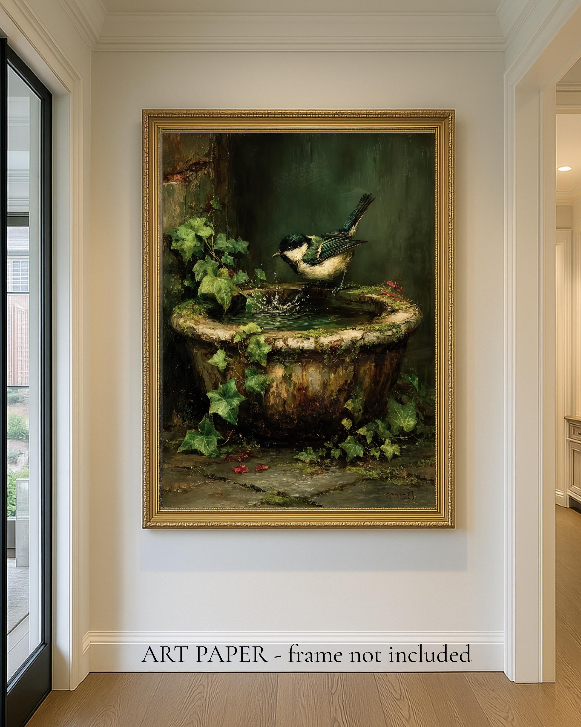 Garden Bird in Vintage Stone Bird Bath Print Oil Painted Style Wall Art Secondary image