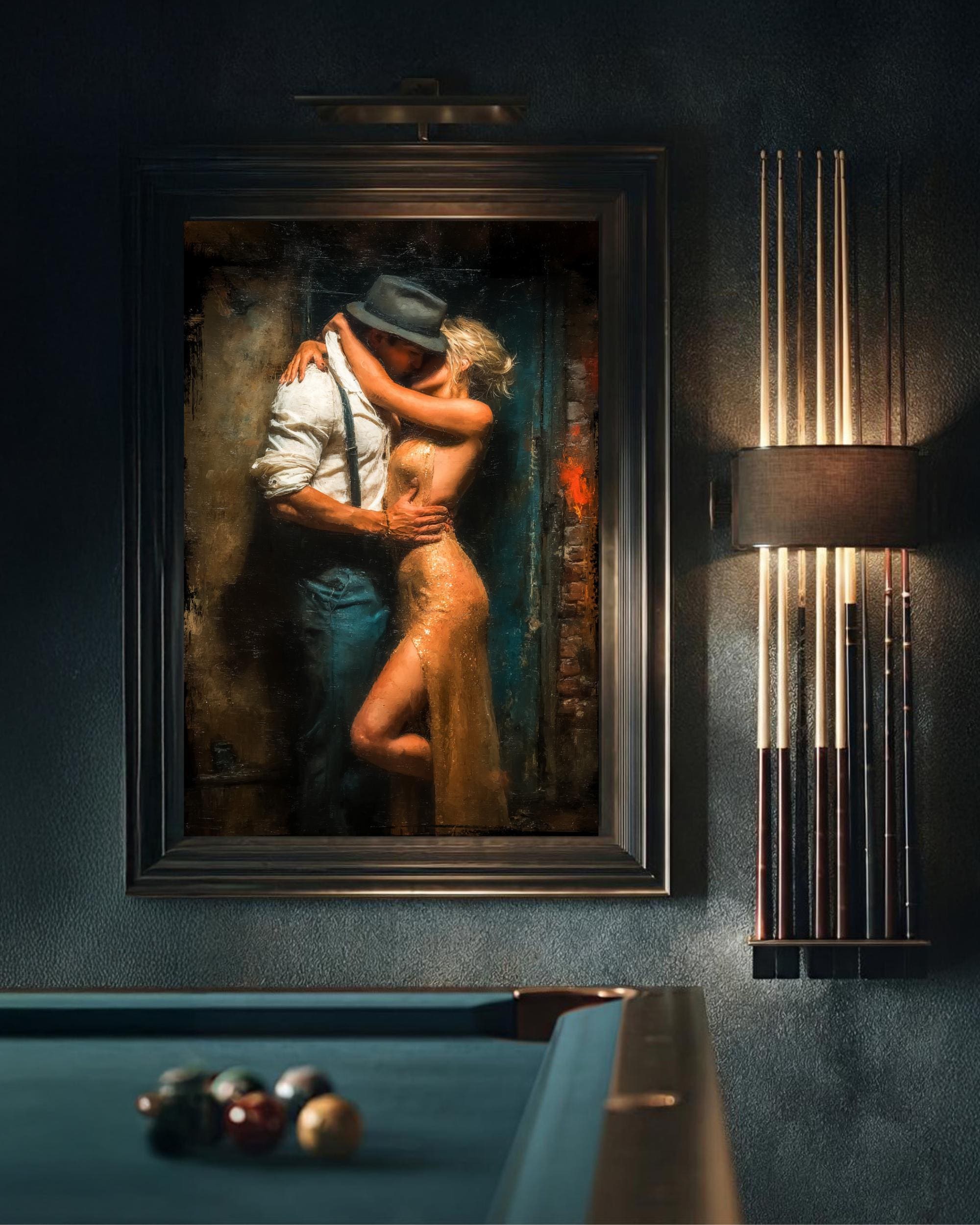 Passionate Lovers Kissing Print, Blonde Woman Gold Dress Vintage Noir Painting, Wall Art Decor Secondary image