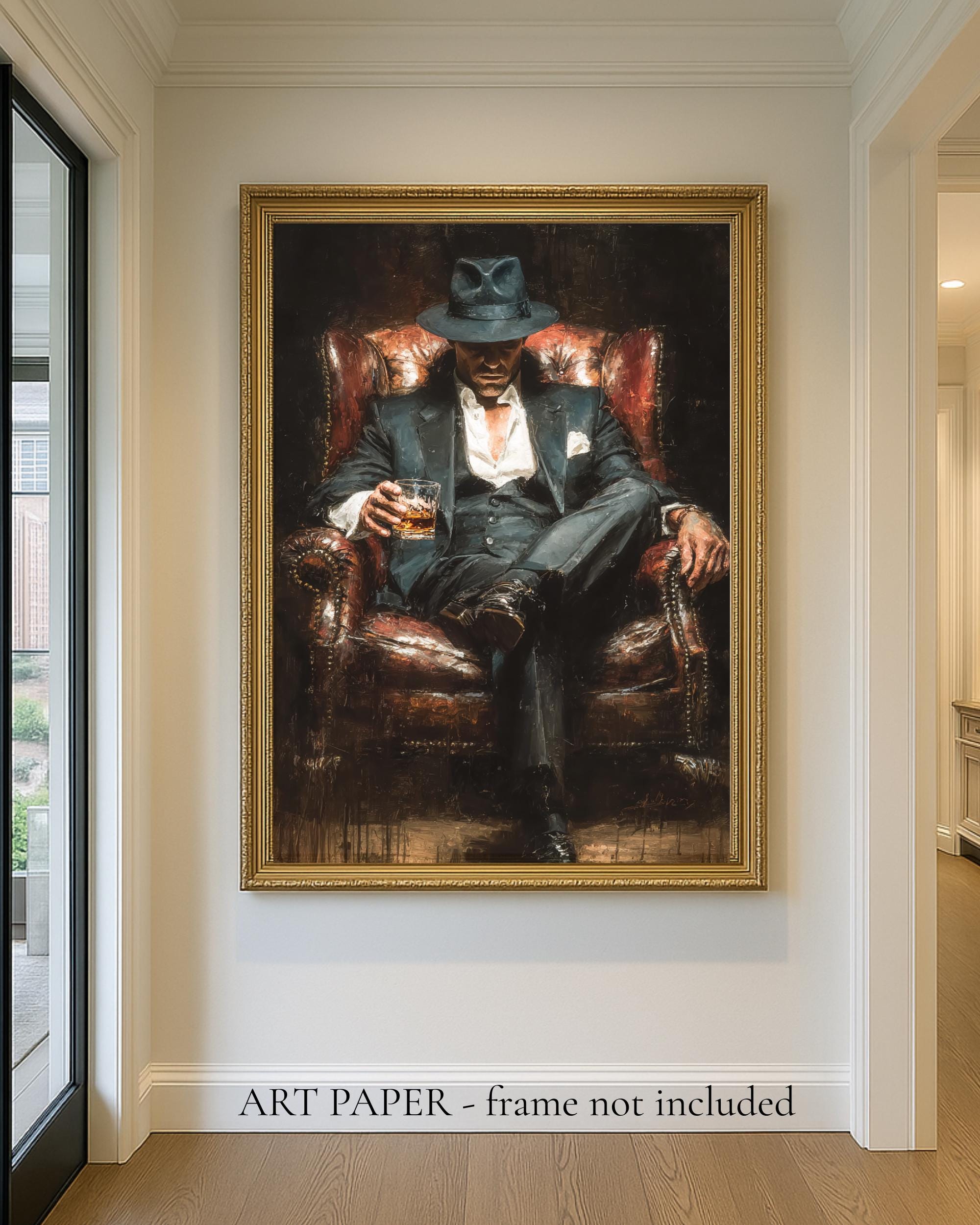 Mafia Boss Wall Art Print, Man in Suit and Fedora with Whiskey Painting