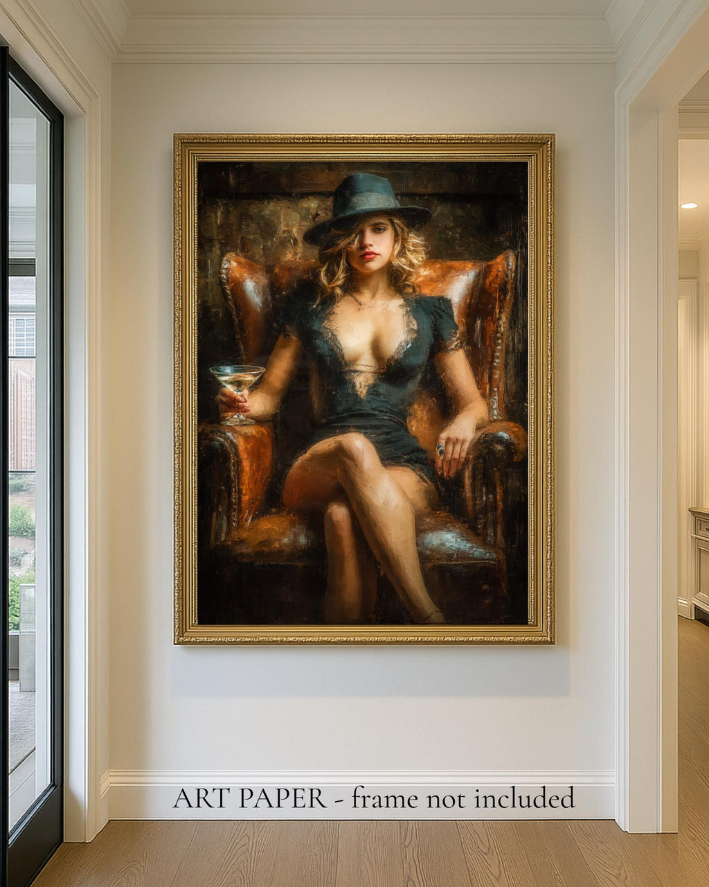 Femme Fatale Wall Art Print, Woman in Black Dress and Fedora Painting