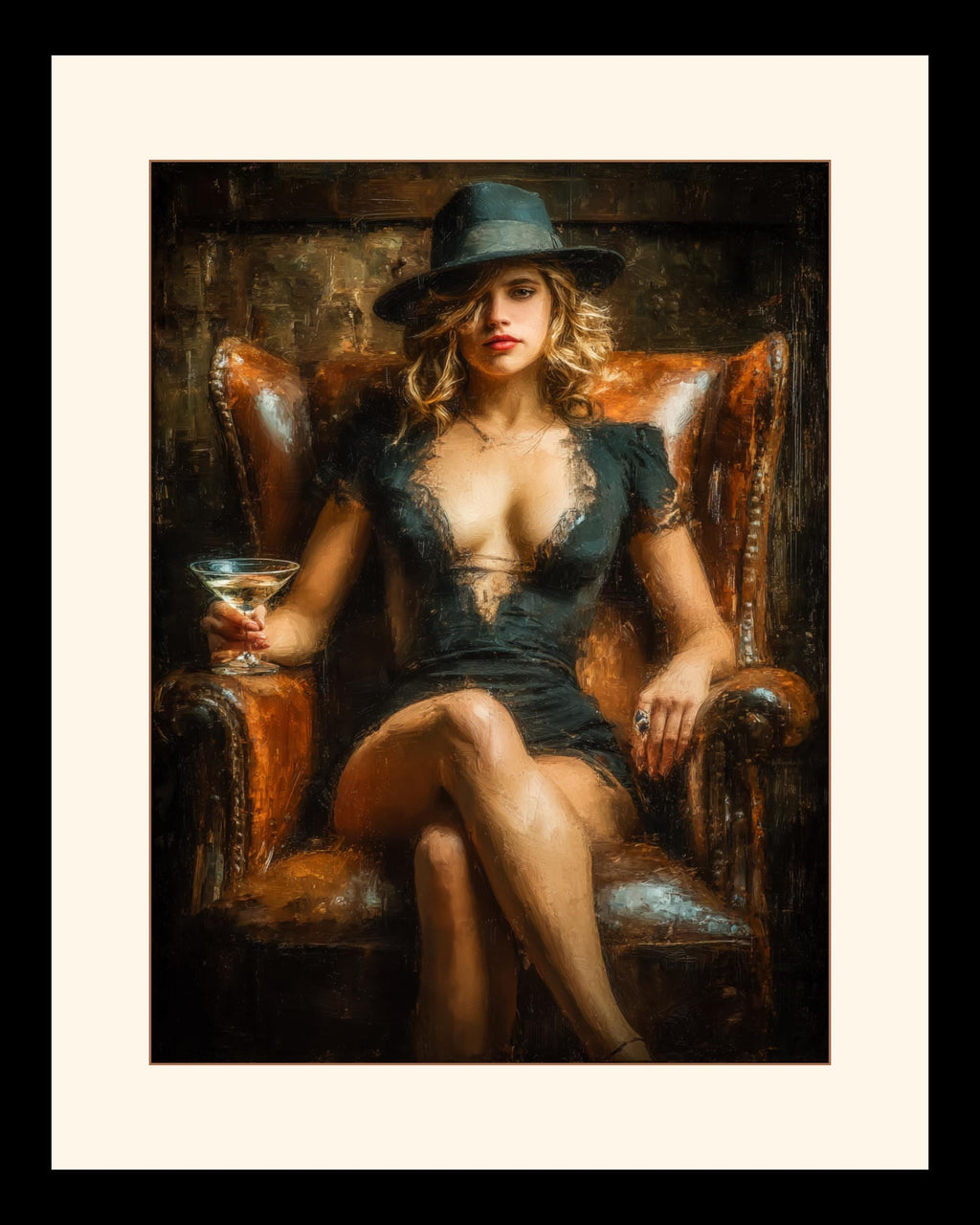 Femme Fatale Wall Art Print, Woman in Black Dress and Fedora Painting