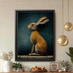 Hare Wall Art Print, Starry Night Rabbit Painting, Dark Academia Animal Portrait, Woodland Decor