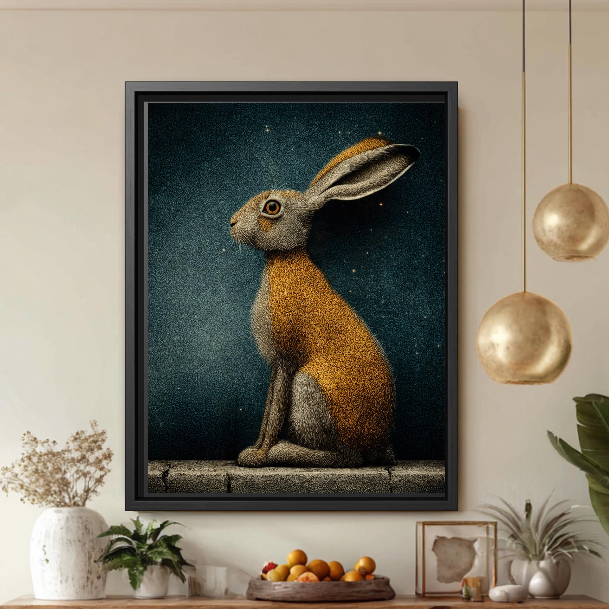 Hare Wall Art Print, Starry Night Rabbit Painting, Dark Academia Animal Portrait, Woodland Decor