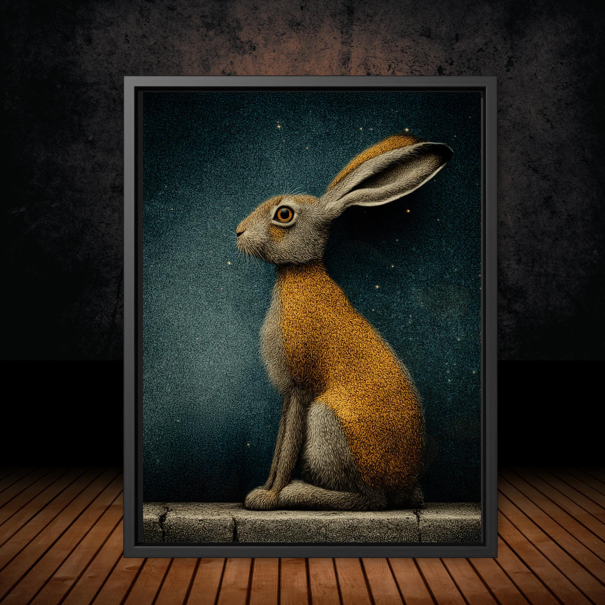 Hare Wall Art Print, Starry Night Rabbit Painting, Dark Academia Animal Portrait, Woodland Decor