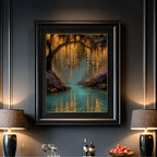 Golden Lit Tree Canopy Art Print Fantasy Firefly Forest Landscape Magical Mystical Nature Scene