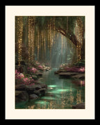 Golden Willow Forest Print, Fairy Light River Wall Art, Enchanted Tree Mystical Green Landscape