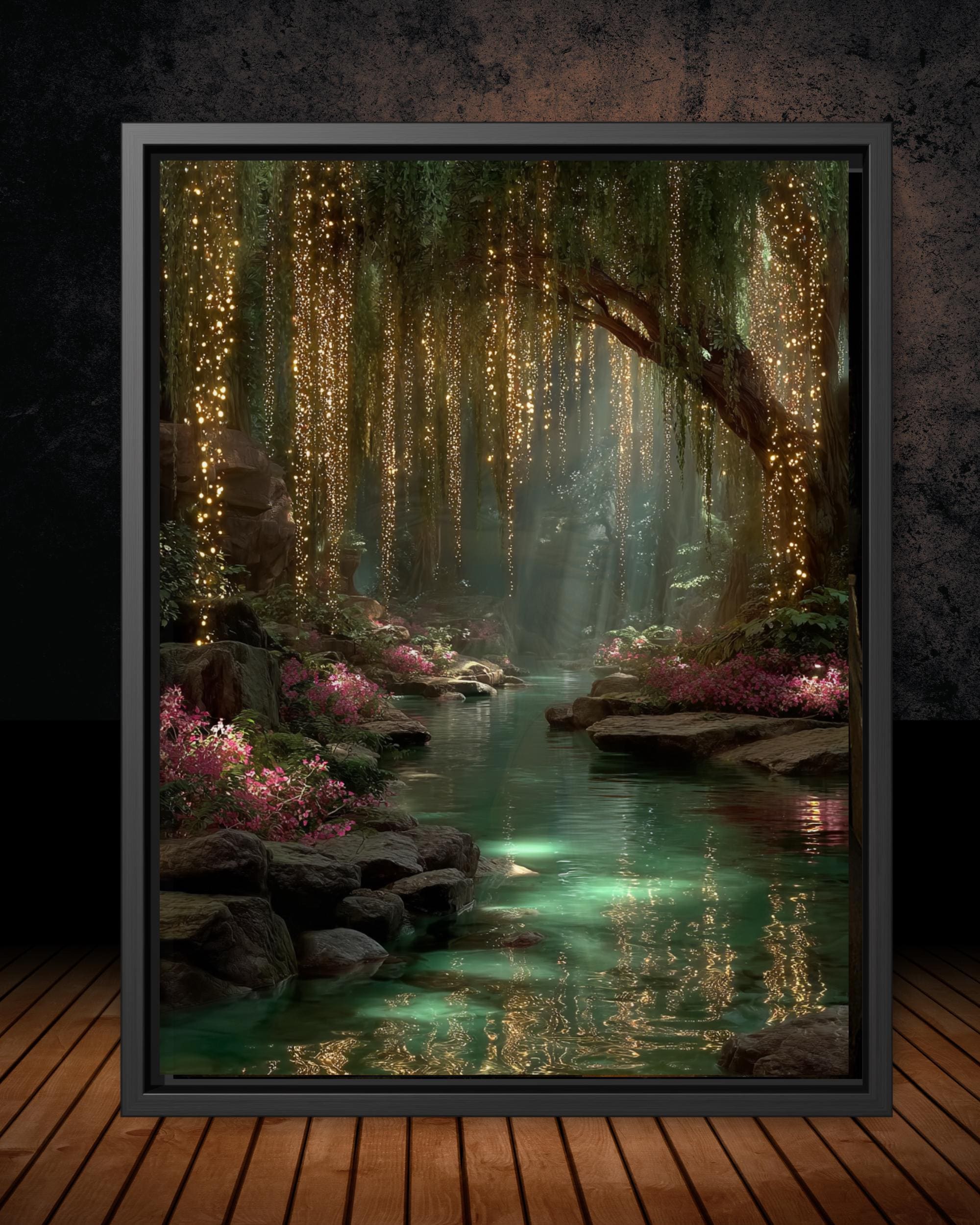 Golden Willow Forest Print, Fairy Light River Wall Art, Enchanted Tree Mystical Green Landscape Main image
