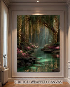 Golden Willow Forest Print, Fairy Light River Wall Art, Enchanted Tree Mystical Green Landscape