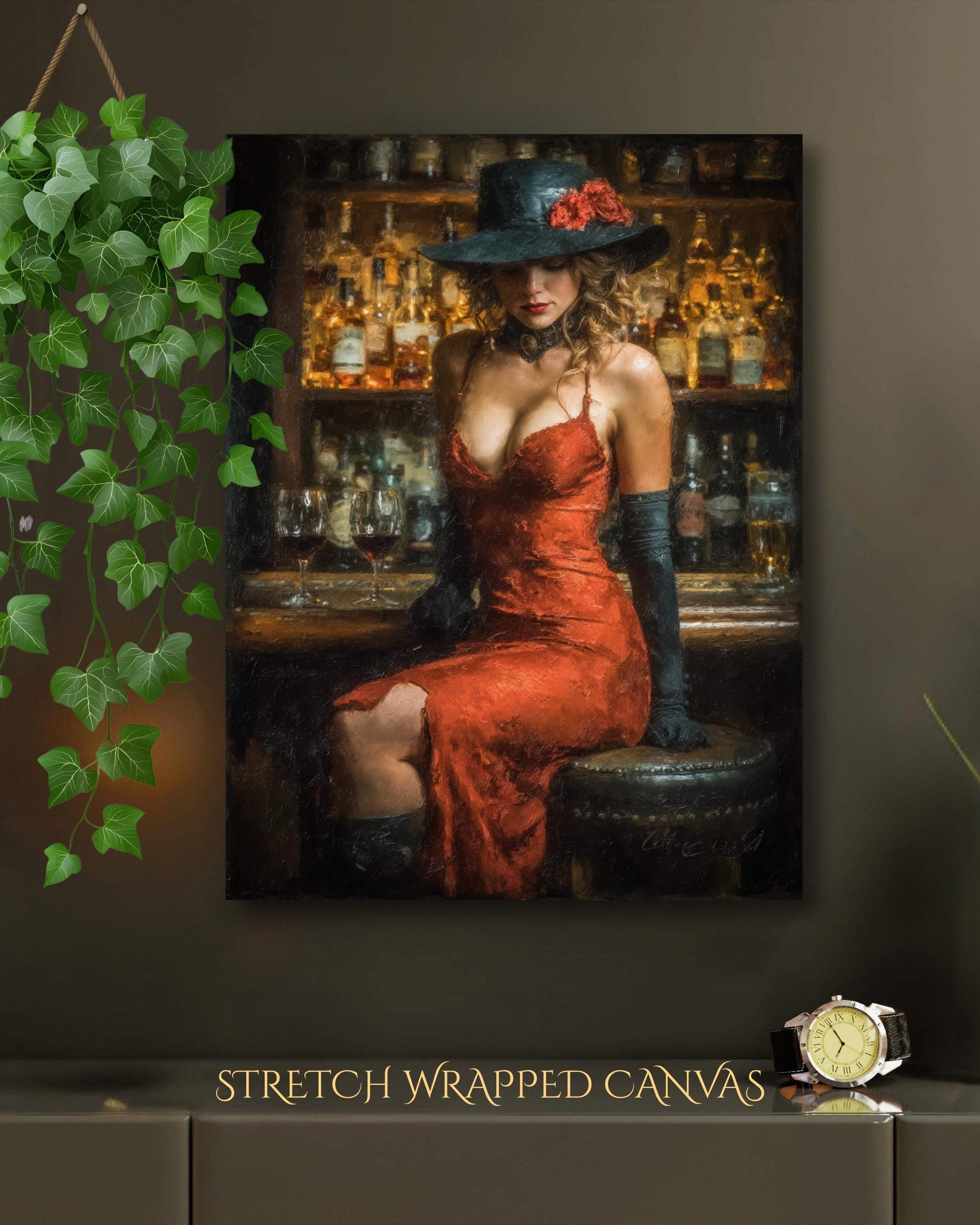 Woman in Red Dress at Bar Art Print, Glamorous Romantic Moody Room Wall Decor
