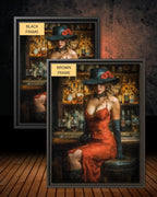 Woman in Red Dress at Bar Art Print, Glamorous Romantic Moody Room Wall Decor
