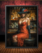 Woman in Red Dress at Bar Art Print, Glamorous Romantic Moody Room Wall Decor